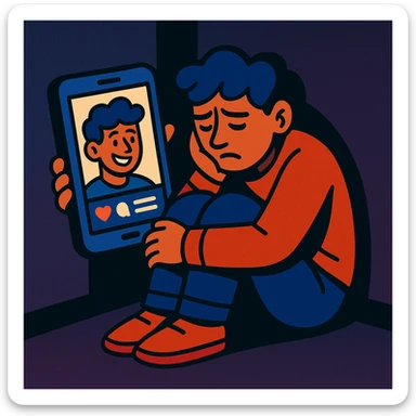 A modern person in a dimly lit room, curled up in the corner, feeling isolated after comparing their real self to their social media persona, cartoon style sticker