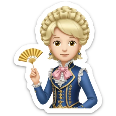 An emoji portrait of a French aristocrat. He wears a powdered wig and a silk waistcoat with a ruffled jabot. His expression is poised and refined, and he holds a fan. sticker