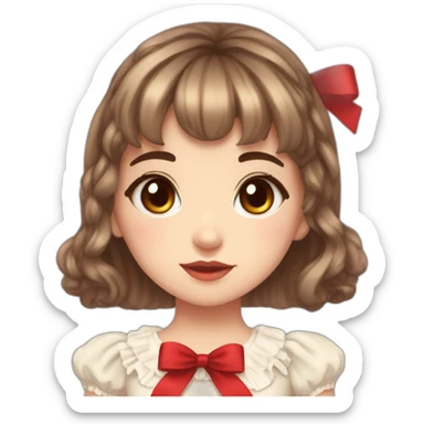cute girl with brown eyes,brown hair,bang between eyes,short fluffy hair,red ribbon on head,lolita dress sticker