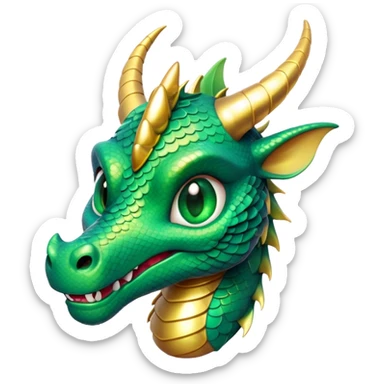 Cinematic Cute Dragon Portrait Emoji, Head tilted playfully and inquisitively, featuring a sleek, serpentine form adorned with iridescent scales that shift between emerald and gold, a delicate set of subtle horns, and round, sparkling eyes full of curious magic; rendered with realistic detail and warm natural light, high shine, affectionate and enchanting, styled with a touch of whimsical fantasy, soft glowing outline, capturing the essence of a mischievous yet lovable dragon that seems poised to slither playfully into your arms! sticker