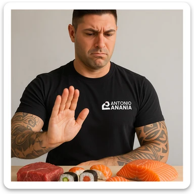 Create a realistic scene featuring a man with facial features and expression similar to the person in the reference photo. The man is making a clear 'NO' gesture, such as a hand stop or shaking head, directed towards raw meat, sushi, and raw salmon displayed prominently in front of him. The foods should be clearly visible and the man's expression decisive. The overall tone should be educational and respectful. sticker
