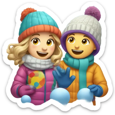 Caucasian brother and sister kids playing in snow sticker