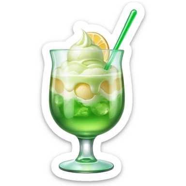 Create an emoji with a clear rounded glass, bright transparent green soda, vanilla ice cream scoop
 sticker