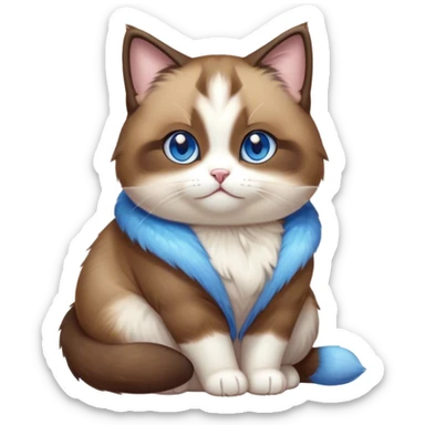 Cinematic Cute Chubby Brown Mantle Snowshoe Cat Portrait Emoji, Round and plump body, soft brown fur draped over its back like a luxurious coat, contrasted by fluffy white paws, chest, and an adorably chubby face, big, sparkling icy-blue eyes, Simplified yet irresistibly adorable features, highly detailed, glowing with a warm, cozy glow, high shine, curious yet calm, stylized with a touch of whimsy, bright and endearing, soft glowing outline, capturing the essence of a mischievous yet lazy and lovable kitty, so cuddly it feels like it could waddle right out of the screen for a snuggle! sticker