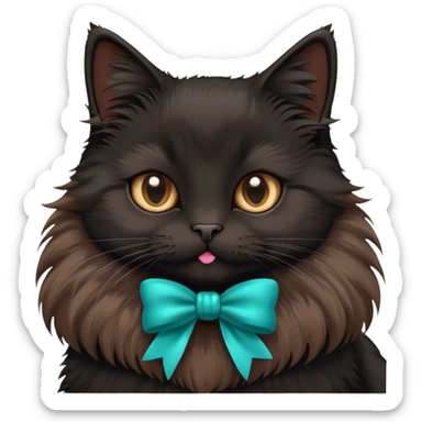 A black fluffy cat, wearing a teal bow sticker