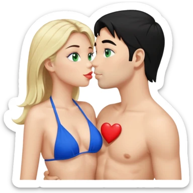 Blonde Woman Green eyes blue Bikini whole body Kissing man black Hair blue eyes Hearts in Body sticker