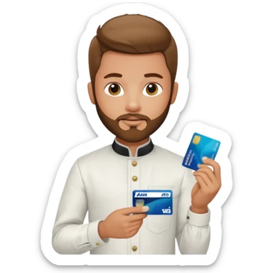 generate a pretty bratz boy wearing a white linen mandarin collar shirt with an amex card in hand. bearded sticker