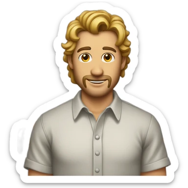 A man wearing a shirt with a giant P on jt sticker