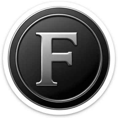 Emoji icon of a black coin with engraved letter F, minimalist style, isolated sticker