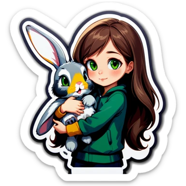 A grey, floppy eared bunny being held by a girl with long brown hair and green eyes. sticker