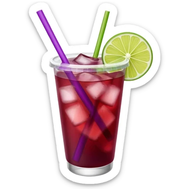 maroon purple cocktail with a lime wedge in the drink in a plastic cup with lid and straw  sticker