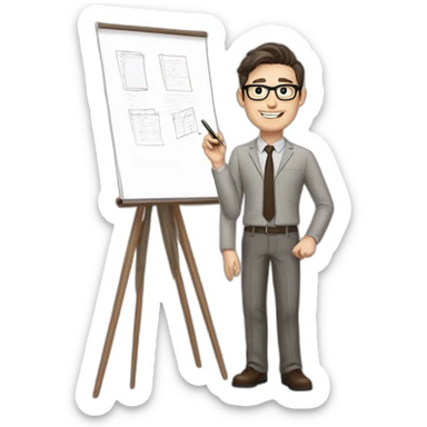 Pale skinned fit man with dark brown hair in gray jacket, beige office shirt, brown tie, brown pants and vintage glasses Writing on the flipchart sticker