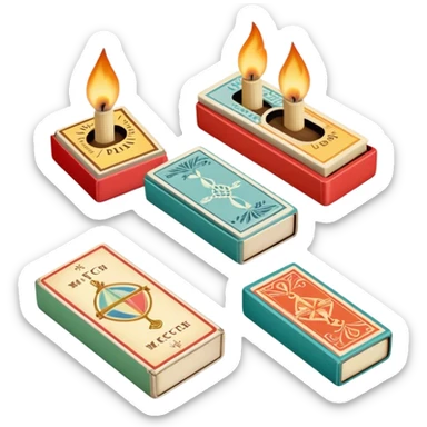 Icon for Matchbox Collecting: a collection of colorful vintage matchboxes arranged in a row, with the match tips visible on the sides. The icon should highlight the unique design and charm of the matchboxes from various places. Transparent background. sticker