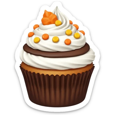 chocolate dipped flat frosted cupcake with Reese’s pieces on top sticker