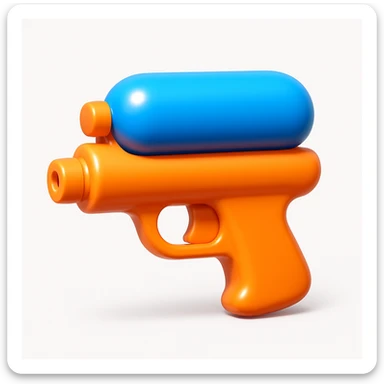 A 3D iOS emoji-style toy water gun, chunky colorful plastic design (bright orange and blue), rounded safe edges, visible water chamber, nozzle tip, playful and non-lethal look, glossy finish, soft shadows, isolated on a white background.


 sticker