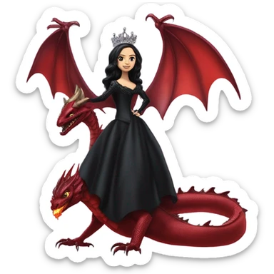 Lavish Victorian evening gown, Jenna Ortega as young Morticia Addams Jedi wearing a mini tiara, riding on the back of a very large blood red evil-looking fire-spewing horned dragon sticker