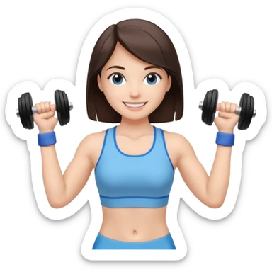 brunette girl lifting dumbbells, dressed in light blue sportswear, smiling, minimal background sticker