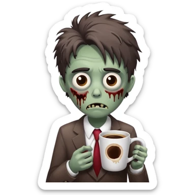 A cute but exhausted office worker character looking like a zombie, holding a giant cup of coffee, dark circles under eyes, messy hair, flat 2D vector art, white background, "Monday Vibes" text. sticker