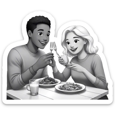 NOTO, A hand-drawn, black-and-white digital illustration in a playful, cartoonish style, A happy couple sits together at a cozy table, enjoying a meal and drinks. They have warm, joyful expressions as they engage in conversation. One holds a fork with a bite of food, while the other lifts a glass for a sip. The meal is inviting, with plates of delicious food and drinks adding to the atmosphere. The background remains minimal, ensuring the focus stays on the couple and their shared moment sticker