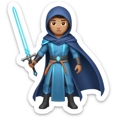 sci-fi space warrior human, glowing energy sword, hooded robe, heroic stance, 3D cartoon, mobile game character icon, clean background, no text
 sticker