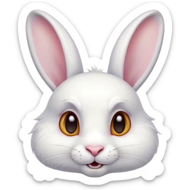 Cinematic Comical White Rabbit Portrait Emoji, Head tilted dramatically with an exaggeratedly amused expression, featuring a pristine white fur with perky, expressive ears and wide, playful dark eyes filled with disbelief, Simplified yet hilariously expressive features, highly detailed, glowing with a slightly sassy glow, high shine, dramatic yet playful, stylized with an air of cheeky mischief, bright and endearing, soft glowing outline, capturing the essence of a spirited and over-the-top bunny, so meme-worthy it feels like it could side-eye its way into internet fame instantly! sticker