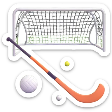 field hockey stick and ball on lush green grass with goals sticker