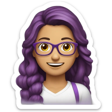 mujer-piel muy blanca-con gafas-sonriendo-camisa color morado-pelo corto hasta el hombro-pelo color marrón,con un computador,muy detallada sticker