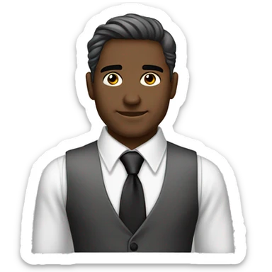 cabello blanco, ojos blancos, piel pálida, corbata negra, camisa de vestir gris, con chaleco negro, aro de ángel negro, cejas bonitas  sticker