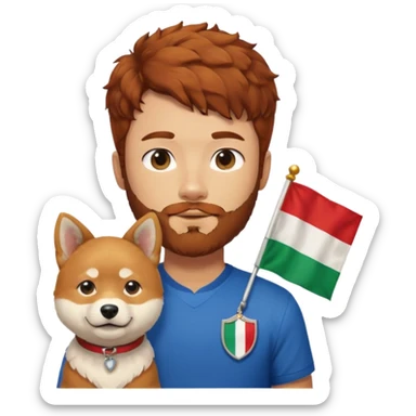 Italy flag shirt boy with beard brown reddish curly hair next to Shiba Inu sticker