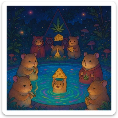 Hamsters at a cult weed and cheese pool party at night, with glowing pool lights, vibrant and colorful, psychedelic atmosphere, Ghibli-inspired style sticker