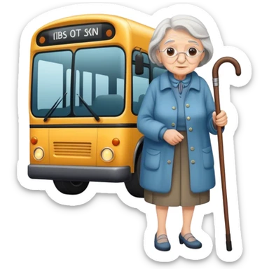 Old lady with a walking stick waiting to get on a bus sticker
