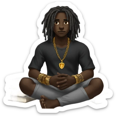 darkskin boy dreads black shirt grey sweats gold bracelets necklaces reading bible sticker