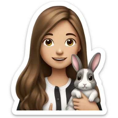 Girl with long brown hair holding two black and white spotted bunny rabbits sticker