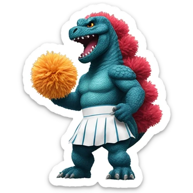 Godzilla dressed as a cheerleader with pompoms sticker