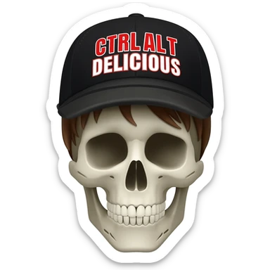 Create a skeleton head wearing a black baseball cap that says " C t r l A l t D e l i c i o u s " in Red, and white lettering, with brown hair sticker