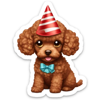 Red brown cute toy poodle puppy with a birthday hat on sticker