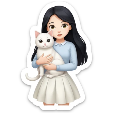 A beautiful girl with long black hair wearing a white skirt holds a cute white cat in her arms sticker