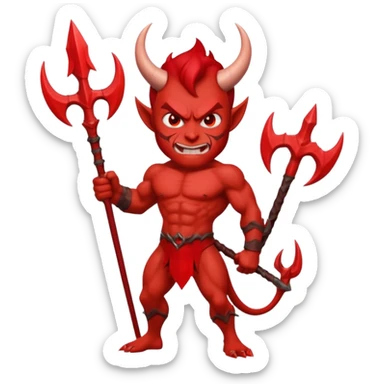 Emoji-style devil: red skin, horns, muscular body, red trident, angry face, sticker