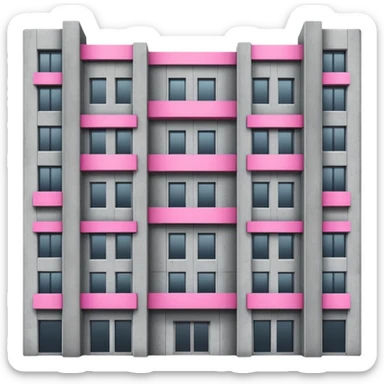 Brutalist gray concrete building with multiple windows where only one window glows bright pink and the rest are normal sticker