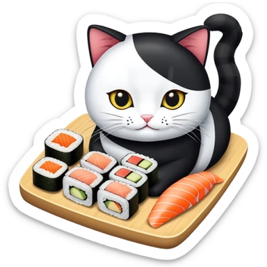 Mix een zwarte kat mat witte vlekken met een sushi sticker