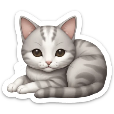 grey and white small cat with eyes closed lying down with its head resting own paw sticker