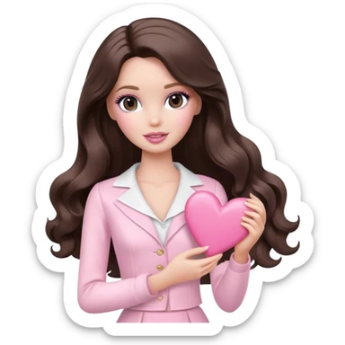 A white Barbie girl with makeup and long dark brown wavy hair in pale pink clothes holds pale pink heart sticker
