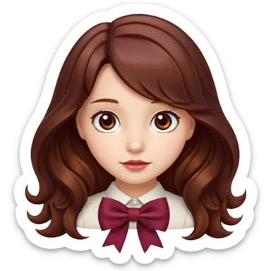 girl wavy long brown hair with a burgundy bow sticker