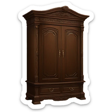 Large wooden wardrobe that’s a rich brown color with intricate carvings on it  sticker
