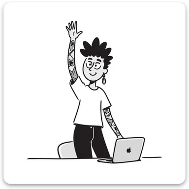 Punk rock female student with mohawk, facial piercings and full sleeve tattoos, smiling confidently while raising hand in class, laptop on desk, wearing band t-shirt sticker