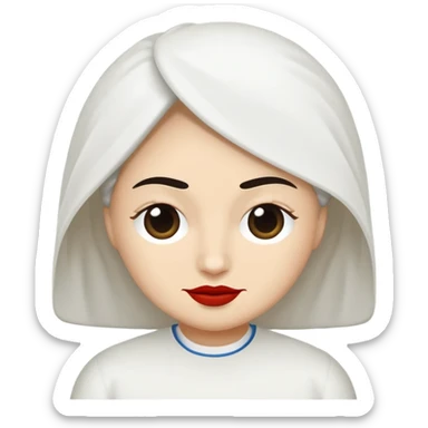 vull un perosnatge estil bimoji que sigui com una nimfa bella i fantasmal amb túniques blanques. Té la pell literalments blanca com el guix, cabell platejat, un nas llarg, ulls negres grans i llavis carmesí. que estigui somrient sticker
