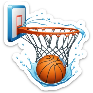 Basketball with net creating a splash effect as ball goes through, water-like net, iOS emoji style sticker