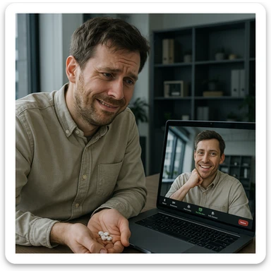 Man in his mid-30s on a Zoom call, forced cheerful expression, hand under table with caffeine pills, screen reflection shows hunched posture, virtual avatar energetic, hyperrealistic 4K, office background sticker