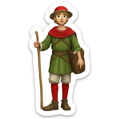 Young European pilgrim of the 13th century with staff, red stockings, short tunic and green hat and leather bag sticker