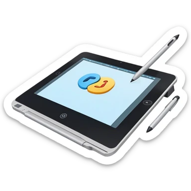 Create an emoji for 3D visualization and modeling. Show a large graphic tablet with a stylus drawing in a 3D modeling program. The 3D model on the screen should appear to protrude out of the screen. Use modern, professional colors. Make the background transparent. sticker
